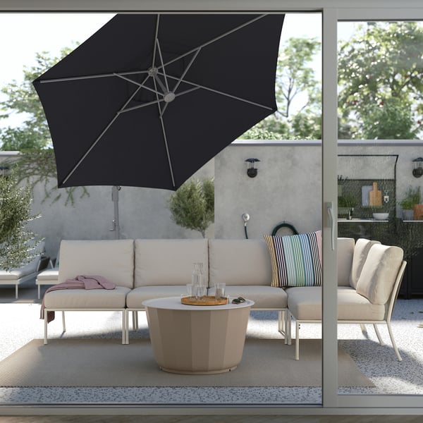 HISSÖ / IGGÖN مظلة معلقة مع قاعدة, فحمي/رمادي غامق, 300 سم
