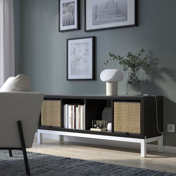 KALLAX وحدة رف مع إطار سفلي, أسود-بني/أبيض, 147x59 سم
