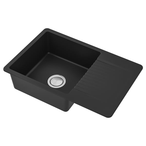KILSVIKEN حوض واحد مدمج مع منصة تجفيف, أسود/مركّب كوارتز, 72x46 سم