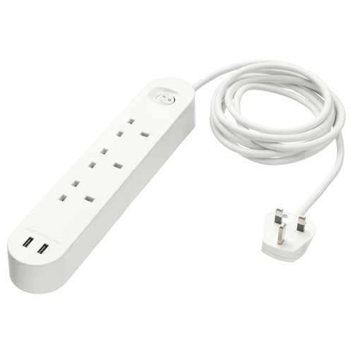 KOPPLA توصيلة بثلاث مقابس مع مدخلين USB, أبيض, 3.0 م