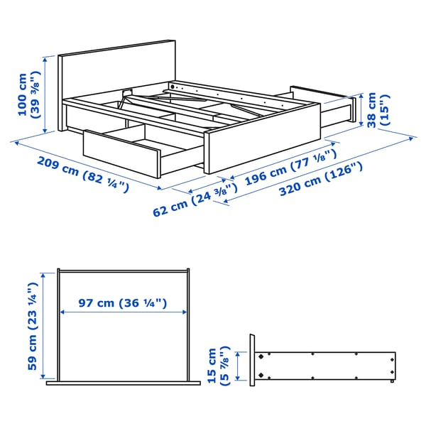 MALM هيكل سرير، عالي مع 4 صناديق تخزين, أسود-بني, 180x200 سم