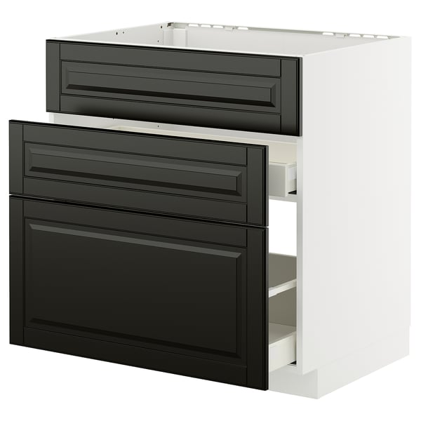 METOD / MAXIMERA خزانة قاعدة لحوض+3 واجهات/درجان, أبيض/Bodbyn أسود, 80x60 سم