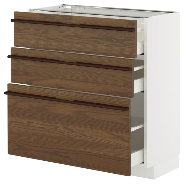 METOD / MAXIMERA خزانة قاعدة مع 3 أدراج, أبيض/Stensta قشرة الدردار بني غامق, 80x37 سم