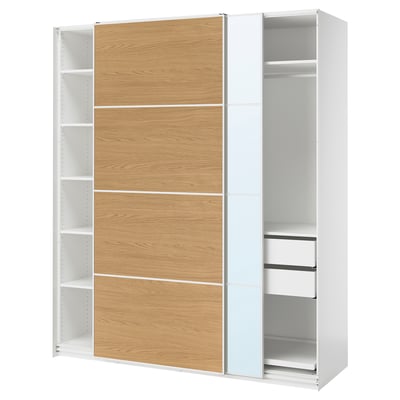 PAX / MEHAMN/AULI دولاب ملابس مع أبواب سحّابة, أبيض أبيض/شكل السنديان زجاج مرايا, 200x66x236 سم