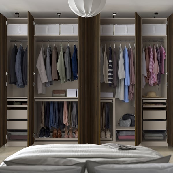 PAX / STORKLINTA تشكيلة خزانة ملابس., رمادي-بيج/بني غامق مظهر سنديان مصبوغ, 300x60x236 سم