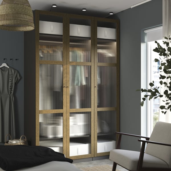 PAX / TONSTAD تشكيلة خزانة ملابس., رمادي غامق بني/قشرة سنديان مصبوغ زجاج, 150x60x236 سم