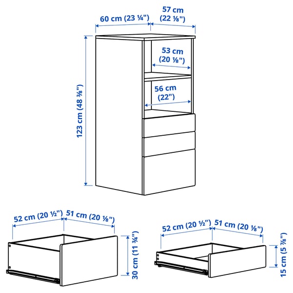 SMÅSTAD / PLATSA خزانة كتب, أبيض أبيض/مع 3 أدراج, 60x57x123 سم