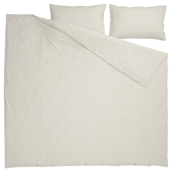 SOLFIBBLA غطاء لحاف و ٢ غطاء مخدة, أبيض بيج/شريط, 240x220/50x80 سم