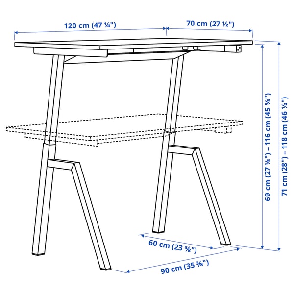 TROTTEN مكتب متغيّر الارتفاع, كهربائي/أبيض, 120x70 سم