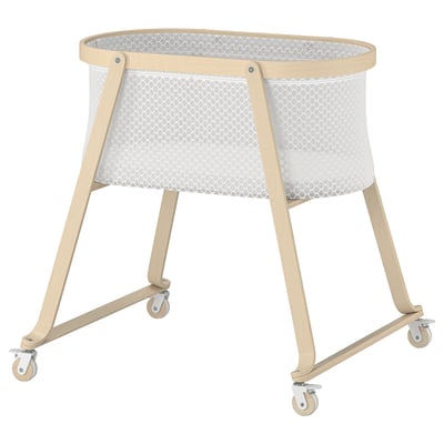 ÄLSKVÄRD beech bassinet with mesh sides, four wheels, modern design.