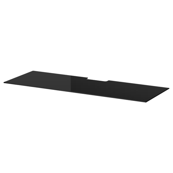 Black glass shelf, rectangular, flat, part of BESTÅ, sleek design.