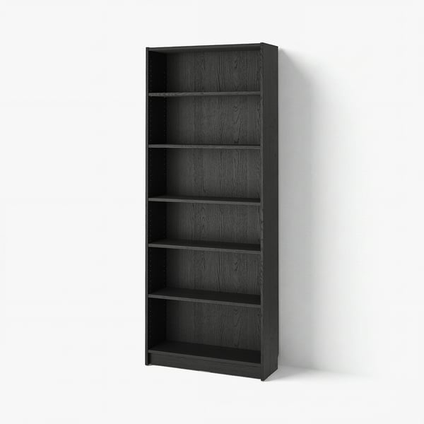 BILLY black bookcase, 6 shelves, modern design.
