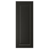 Black BODBYN cabinet door with bevelled panel, sleek lacquered finish, rectangular, simple design.