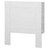 A white BRIMNES headboard featuring a sleek, rectangular design with a hidden storage compartment and adjustable shelf for small-space storage.