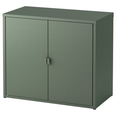Green metal cabinet with two doors and clean design. Sturdy and versatile for any room.