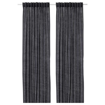 Two grey linen curtains hang side by side, featuring simple, dark colour and natural texture.