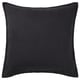 Black square throw pillow with linen texture and zip closure.
