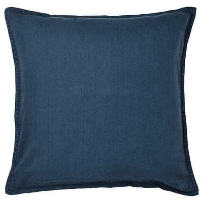A blue square DYTÅG cushion cover made of linen with a zip closure.