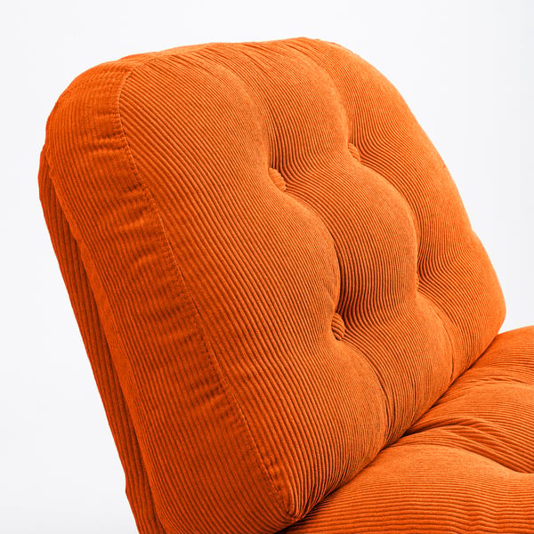 Orange, textured, swivel easy chair; soft, inviting design.