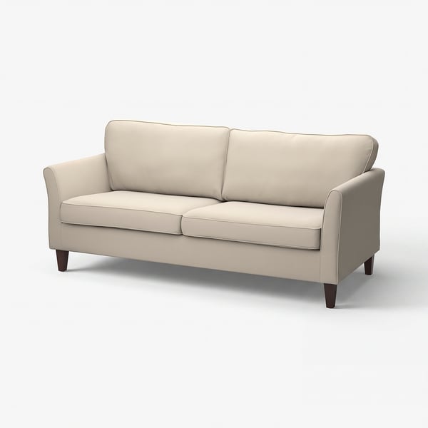 Modern beige sofa, upholstered with smooth hakebo fabric, wooden legs, elegant piping, and comfortable pocket springs.