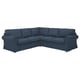 Dark blue corner sofa, cloth, thick cushions, u-shape, modern.