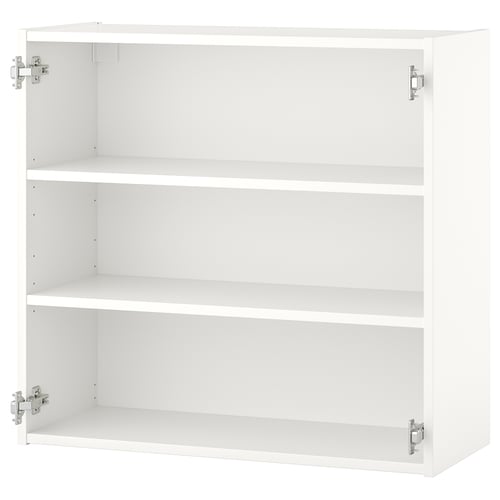 White ENHET wall cabinet with two shelves, fiberboard & particleboard, rectangular design, metal hinges.