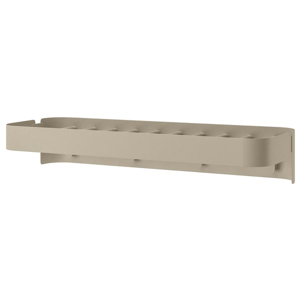 Depicts a FLORSJÖN beige wall-mounted shelf with multiple compartments for storage. It has a sleek, rectangular design.