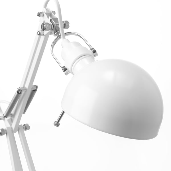 Adjustable white desk lamp with metallic joints, designed for reading, ensures durability.
