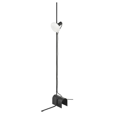 HÅRSLINGA floor lamp: sleek black pole, frosted glass bulb, adjustable light.