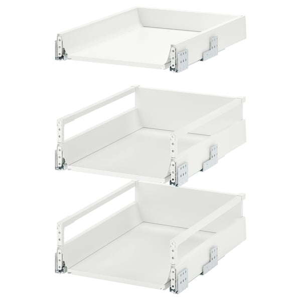 Three white JÄRNBODA kitchen drawers stacked vertically, each with metal runners and a sleek design.