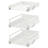 Three white JÄRNBODA kitchen drawers stacked vertically, each with metal runners and a sleek design.
