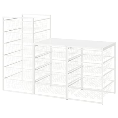 A white JONAXEL metal storage unit featuring multiple shelves and wire baskets, designed for organising items efficiently.