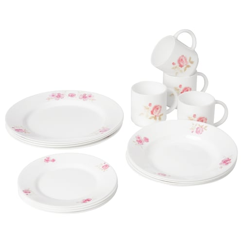 KALASBRA dinnerware set in white with pink floral designs. Made of durable tempered opal glass. Contains plates, bowls, and cups.