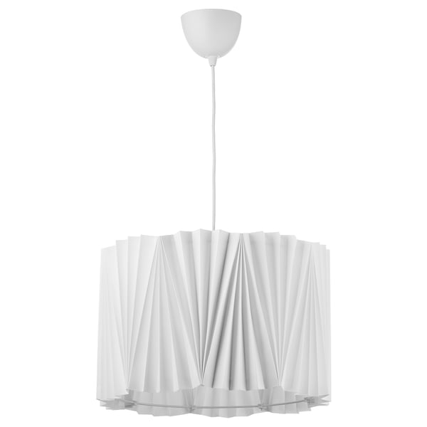 KUNGSHULT: white, circular pendant lamp with pleated shade, modern design.