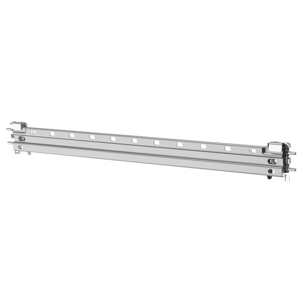 Silver metal rail with hooks for mounting, part of IKEAs LÄTTHET exterior storage solution.