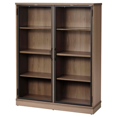 A wooden LANESUND cabinet with glass doors. It is brown, rectangular, and has multiple shelves inside.
