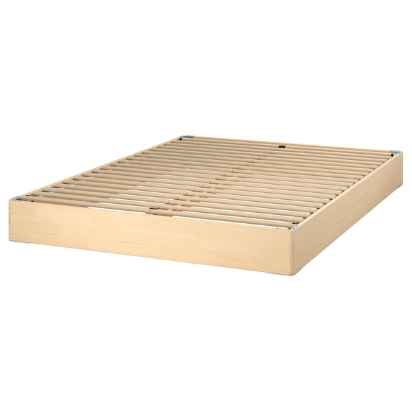 A light wooden bed base named LYNGÖR, featuring a flat surface with evenly spaced slats for mattress support and easy assembly.