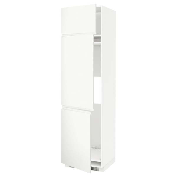 Modern white kitchen cabinet, tall and slim, minimalist design, with two adjustable shelves, sleek doors, suitable for various storage needs.