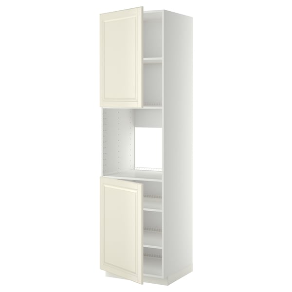 A white METOD kitchen cabinet with beige doors, featuring adjustable shelves and a traditional design.