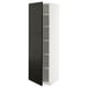 Modern tall white cabinet with black doors, featuring bevelled edges and adjustable shelves.