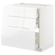 White modern kitchen cabinet, high gloss finish, 3 drawers partially open, sleek design.