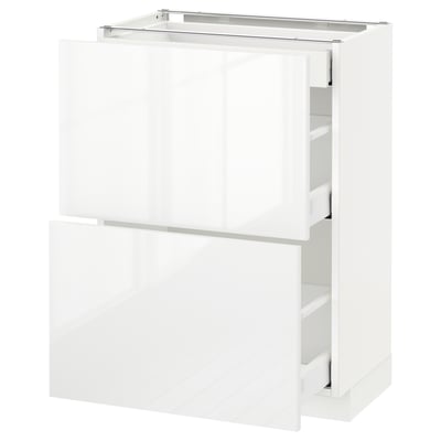A white METOD kitchen cabinet with glossy doors and drawers. Its modern, rectangular, and has multiple storage compartments.