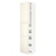 Off-white METOD kitchen cabinet with bevelled edges, open door, three shelves.