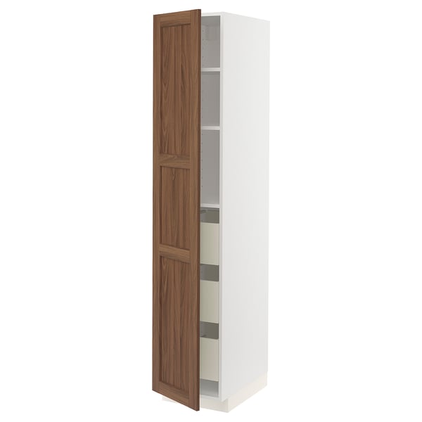 White METOD kitchen cabinet with walnut wood door, tall, adjustable shelves, left-side hinge.