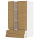 White and wood cabinet, minimalist style. Top and bottom wooden drawers, open shelf.