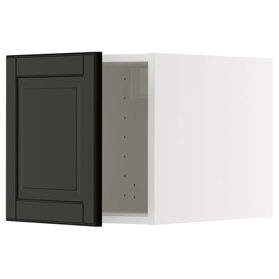 Modern black kitchen cabinet with sleek design.