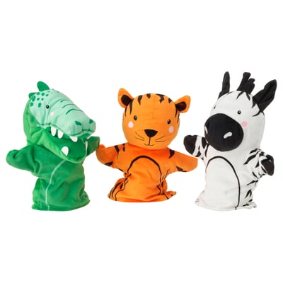 Three colourful hand puppets: green crocodile, orange tiger, black/white zebra, soft, child-friendly, for imaginative play.