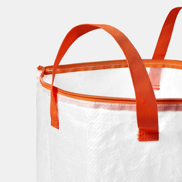 A bright, tightly woven, transparent laundry bag. Orange handles and zip accents enhance durability and grip.