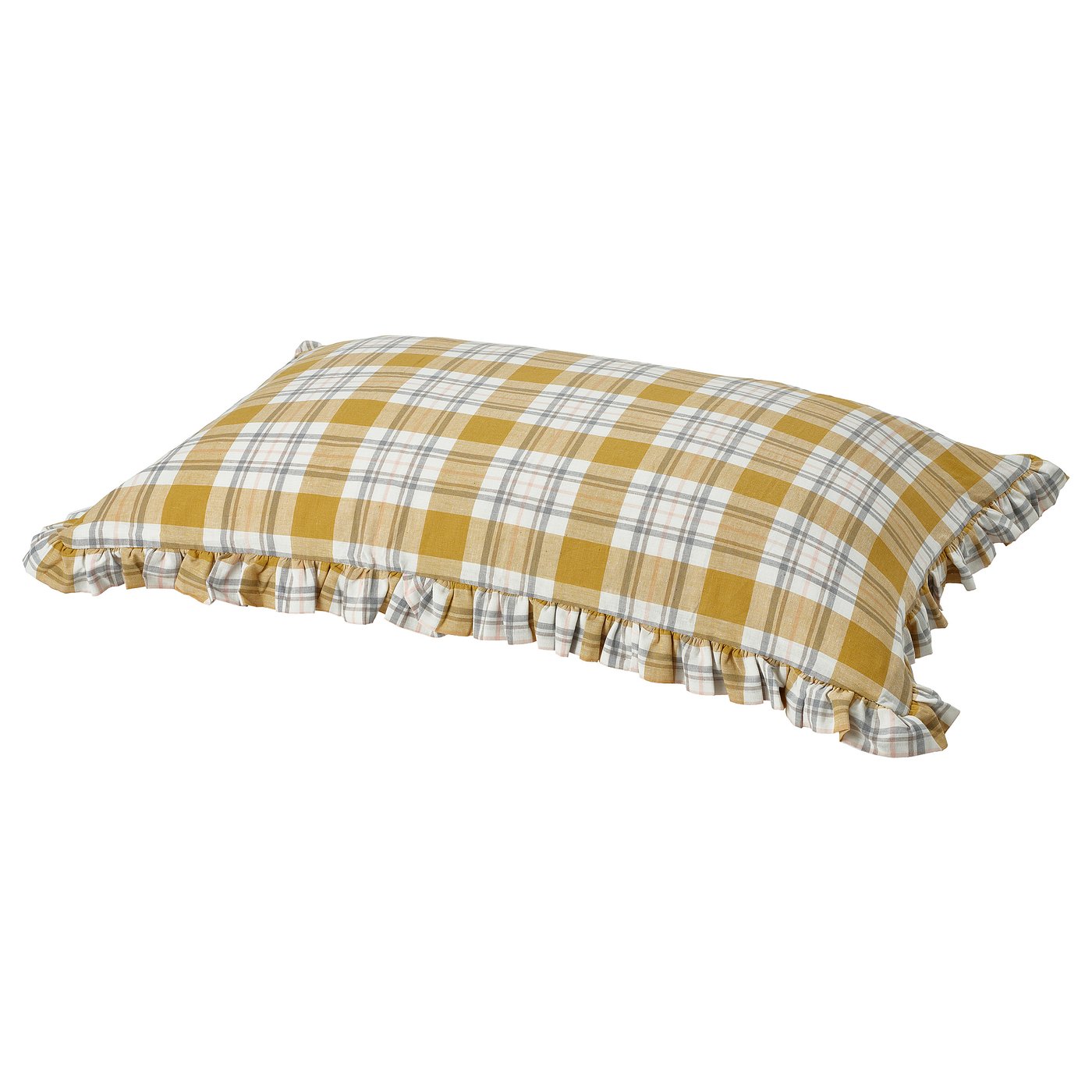 PARKOLVON yellow plaid pillow, rectangular with ruffled edges, made of 100% cotton.