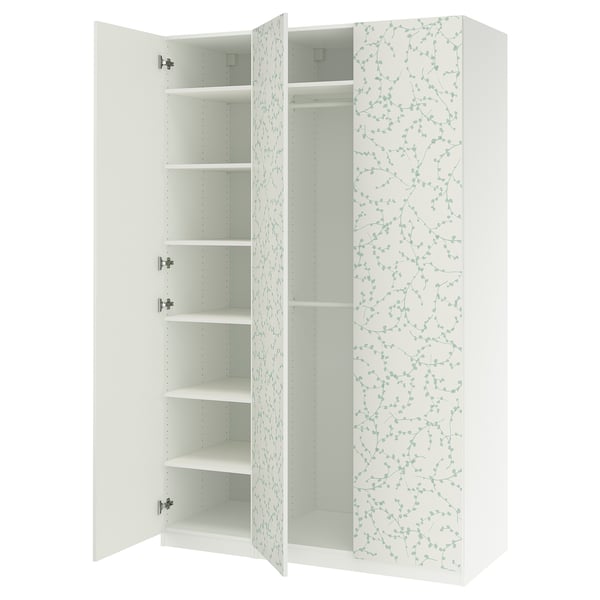 White PAX wardrobe with floral pattern, open doors showing shelves.